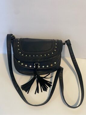 Y2K Black Studded Saddle Bag Boho Crossbody Purse Tassel Fringe Western Moto